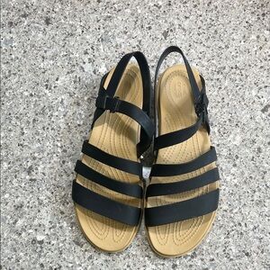 CROCS Black Strappy Sandals with Tan Footbed